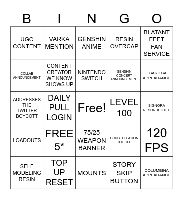 GENSHIN 5.0 Bingo Card