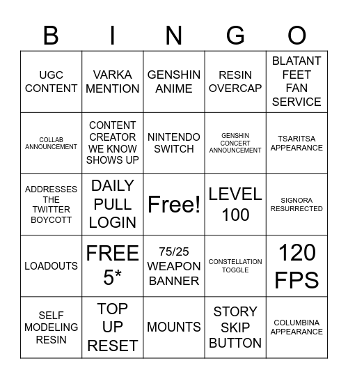 GENSHIN 5.0 Bingo Card