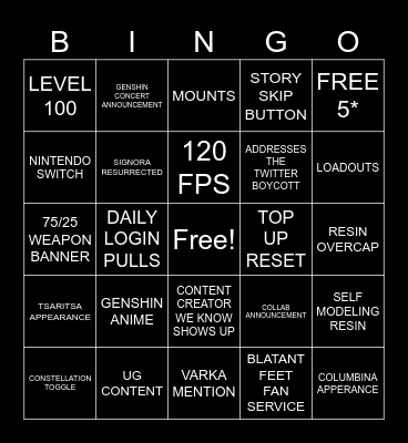 GENSHIN 5.0 Bingo Card