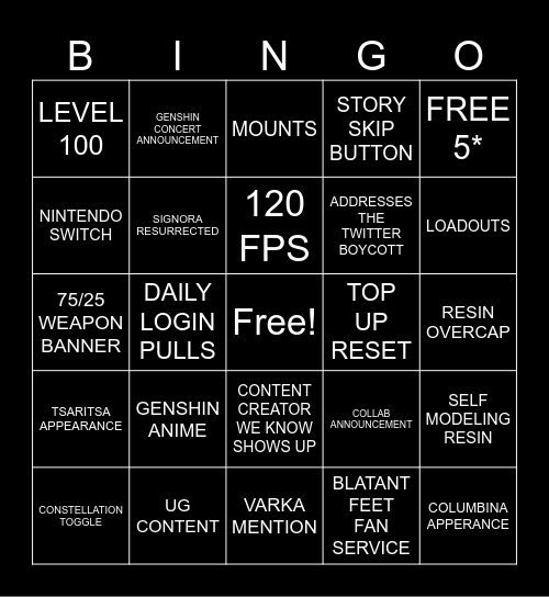 GENSHIN 5.0 Bingo Card