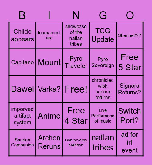 Genshin 5.0 Livestream Bingo Card