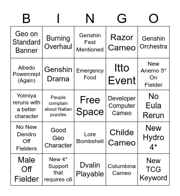 Genshin Impact Bingo Card