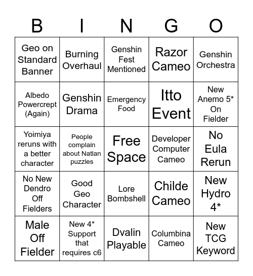 Genshin Impact Bingo Card