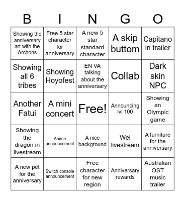 genshin 5.0 Bingo Card