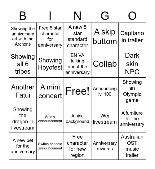 genshin 5.0 Bingo Card