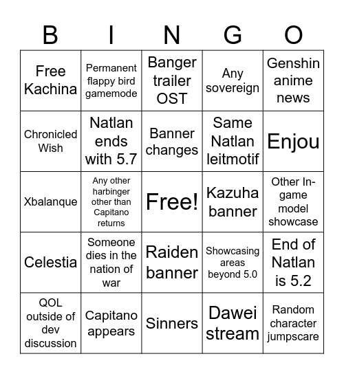 GENSHIN IMPACT 5.0 LIVESTREAM BINGO Card