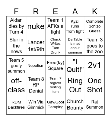 Fate Warz Bingo Card