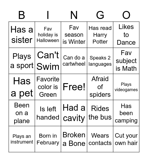 Getting to Know You Bingo Card