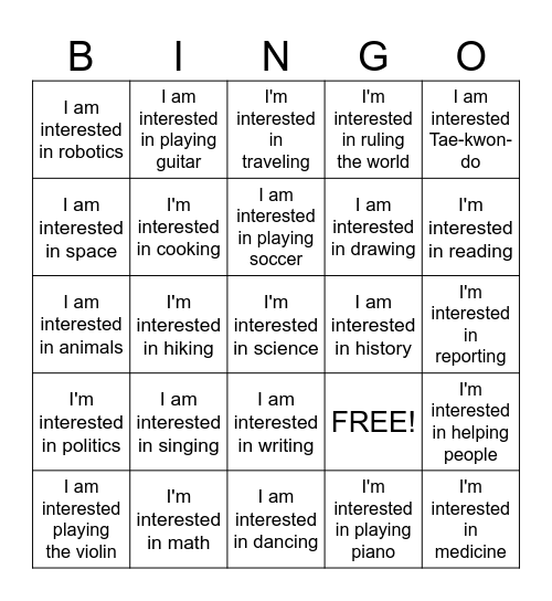 What are you interested in? Bingo Card