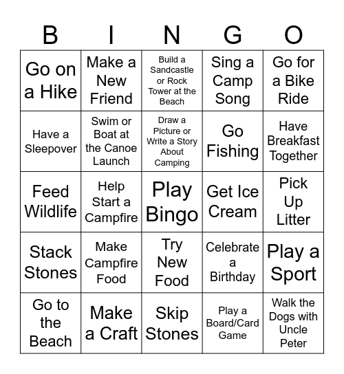 Camping Activity BINGO Card