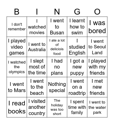 Vacation bingo Card