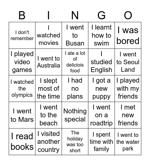 Vacation bingo Card