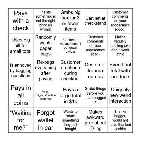 Cashier Register Bingo Card