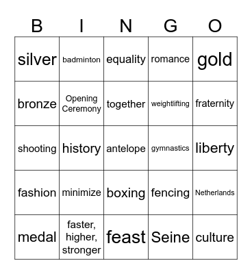 The Olympics Paris, 2024 Bingo Card