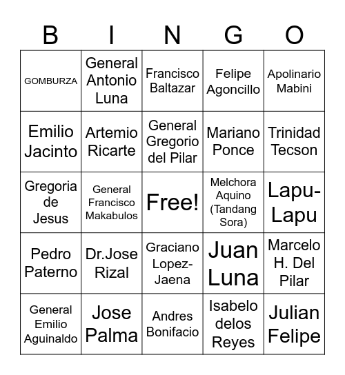 The Philippine National Heroes Bingo Card