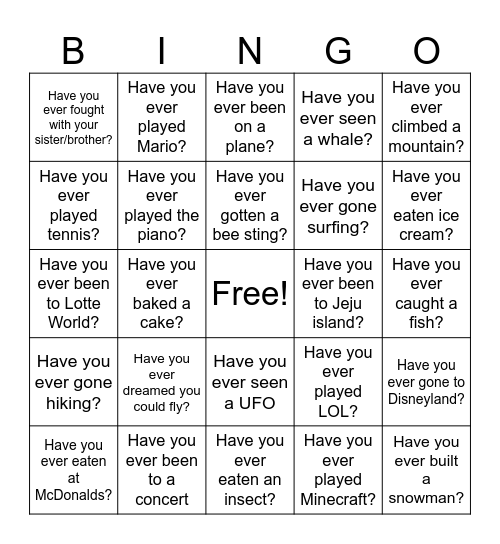 Have you ever? (kids version) Bingo Card