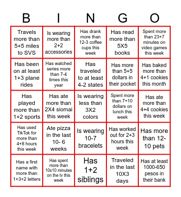 People Math Bingo Card