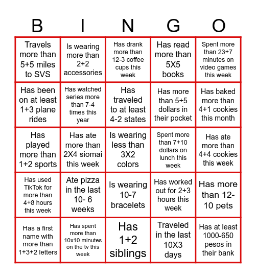 People Math Bingo Card