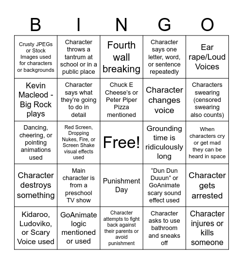 GoAnimate Grounded Video Tropes Bingo (no extras) Bingo Card