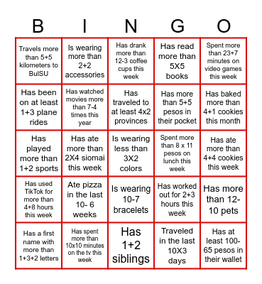 People Math Bingo Card