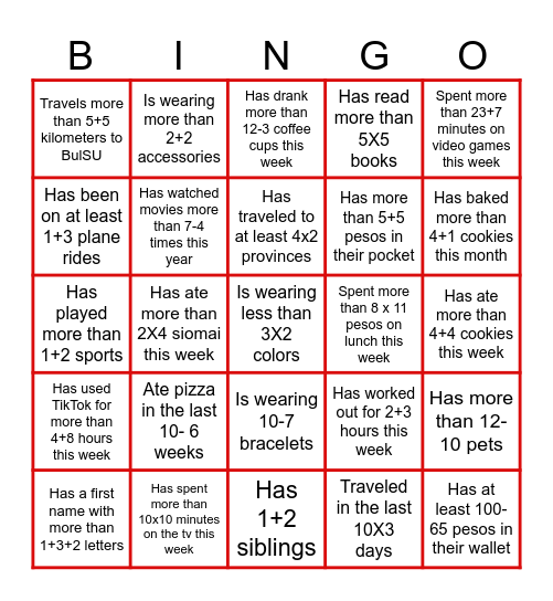 People Math Bingo Card