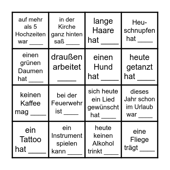 HOCHZEITSBINGO - Finde einen Gast, der ... Bingo Card