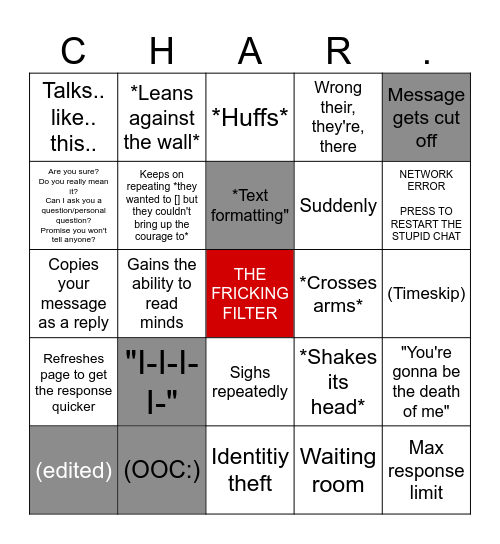 Character AI Bingo Card Bingo Card