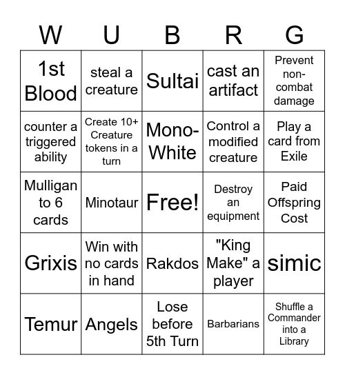 $3 CDR WUBRG (20 TIX, WUBRG +15 TIX) Bingo Card