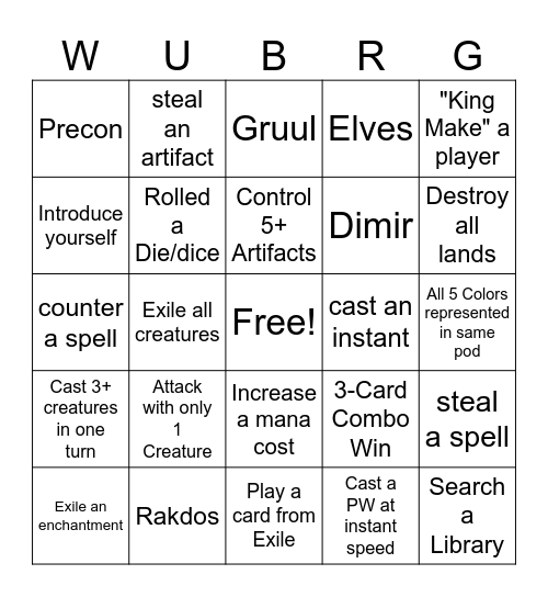 $5 CDR WUBRG (50 TIX GTD, WUBRG +10 TIX) Bingo Card