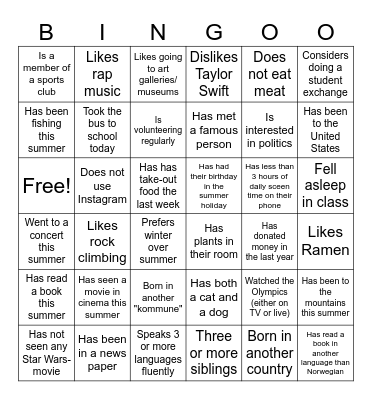 Get to know your classmates Bingo Card