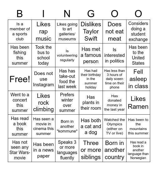 Get to know your classmates Bingo Card