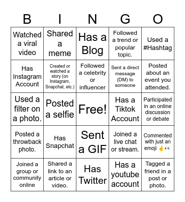 Social Media Bingo Card