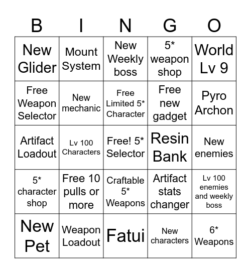 Natlan Update Bingo Card