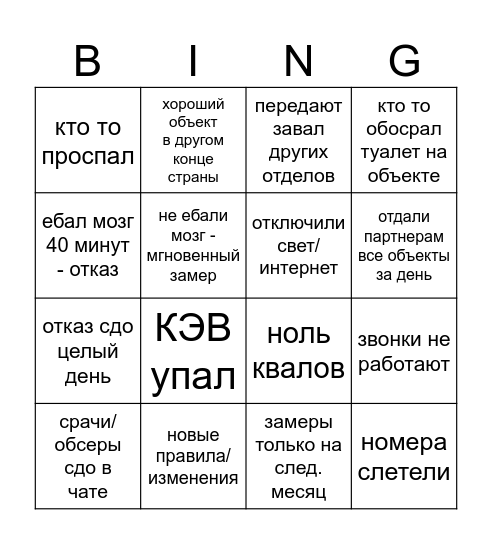 Бинго продажников ТР на каждый день Bingo Card