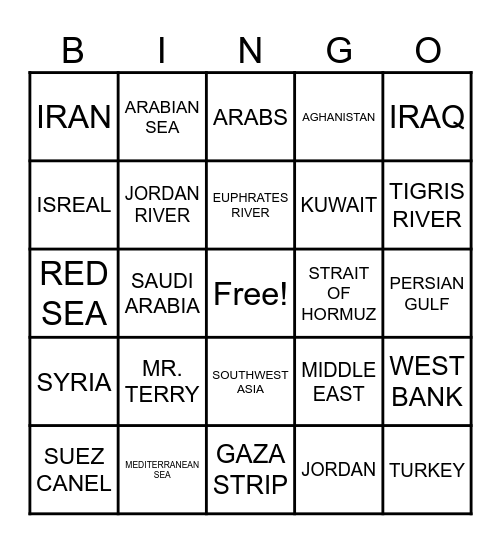 SOUTHWEST ASIA GEOGRAPHY Bingo Card