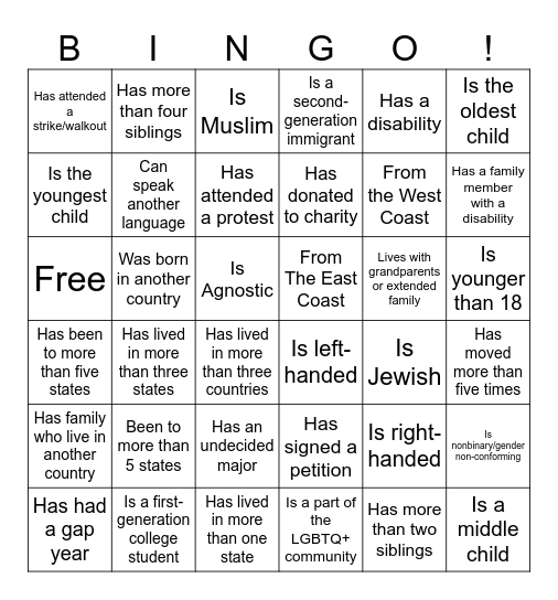 Diversity Bingo Card