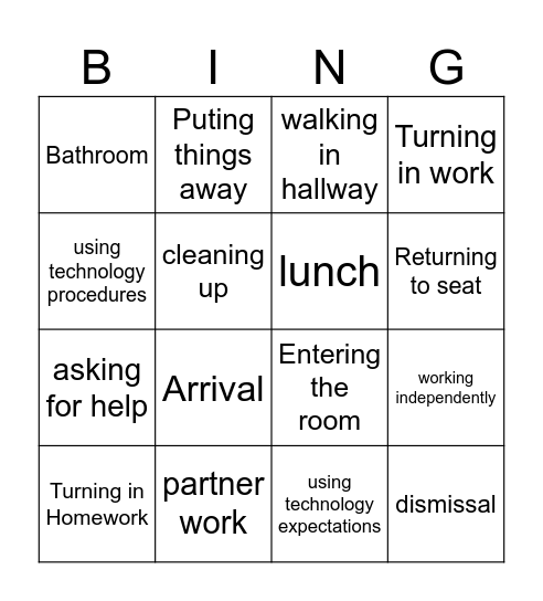 Expectations and Procedures Bingo Card