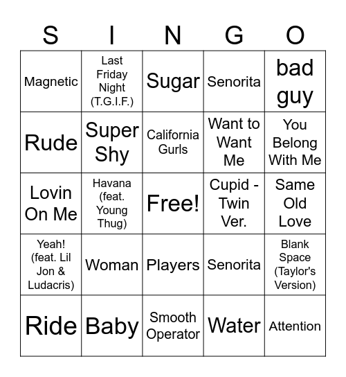 SINGO Bingo Card