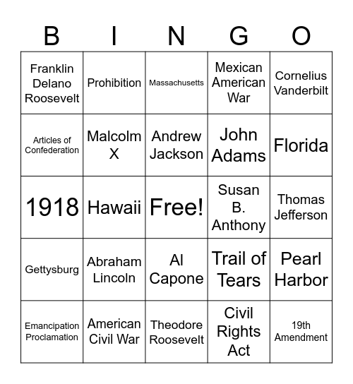 US History Bingo Card