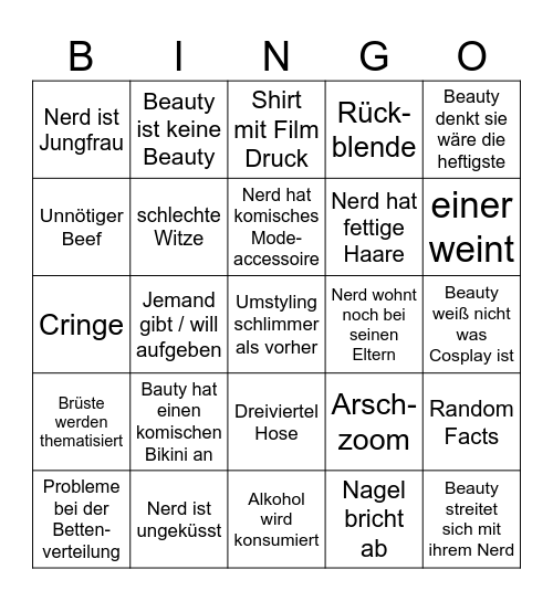 Beauty & The Nerd Bingo Card