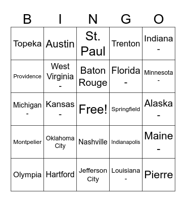 U.S. States Bingo Card