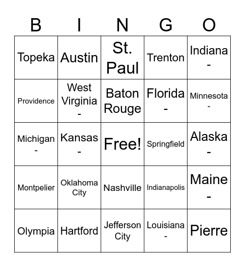 U.S. States Bingo Card