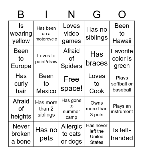 Meet and Greet Bingo Card