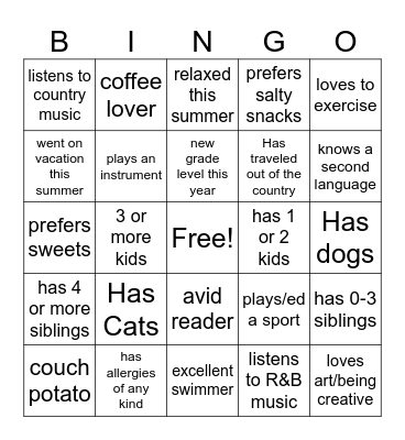 Things in Common Bingo Card