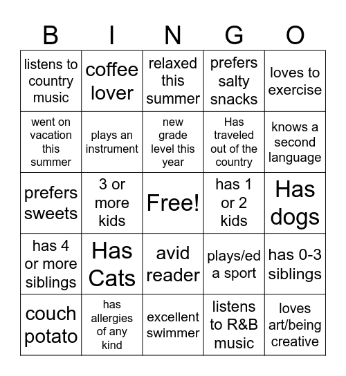 Things in Common Bingo Card