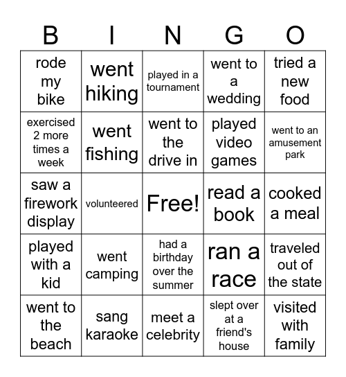 What did you do over the Summer!!!! Bingo Card