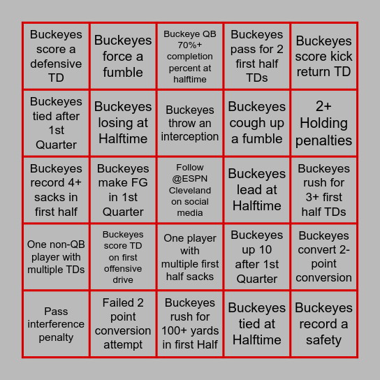 ESPN Cleveland Buckeye Gameday Bingo! Bingo Card