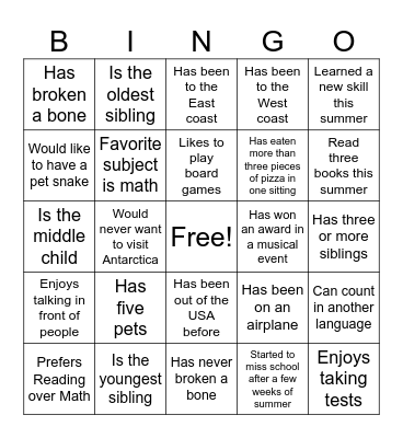 Get to Know Your Classmates Bingo Card