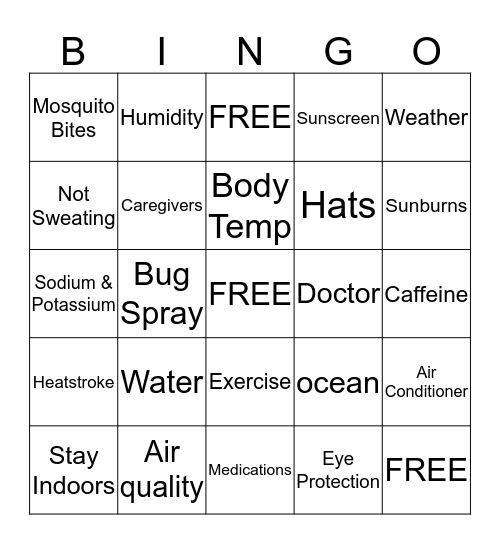 Summer Safety Tips Bingo Card