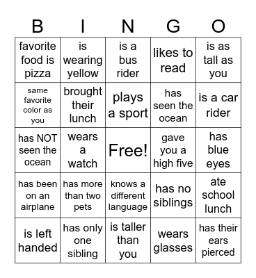 Get To Know Me Bingo Card